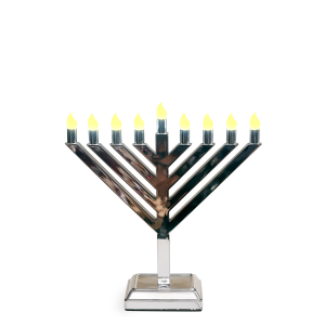 12 in LED Menorah in chrome steel set in a window
