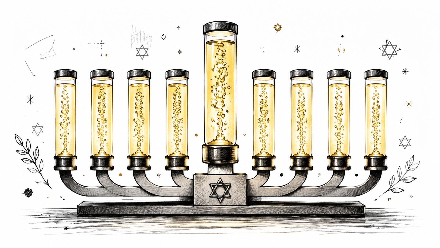 A modern, artistic sketch of a Hanukkah menorah featuring illuminated glass tubes filled with rising golden bubbles.