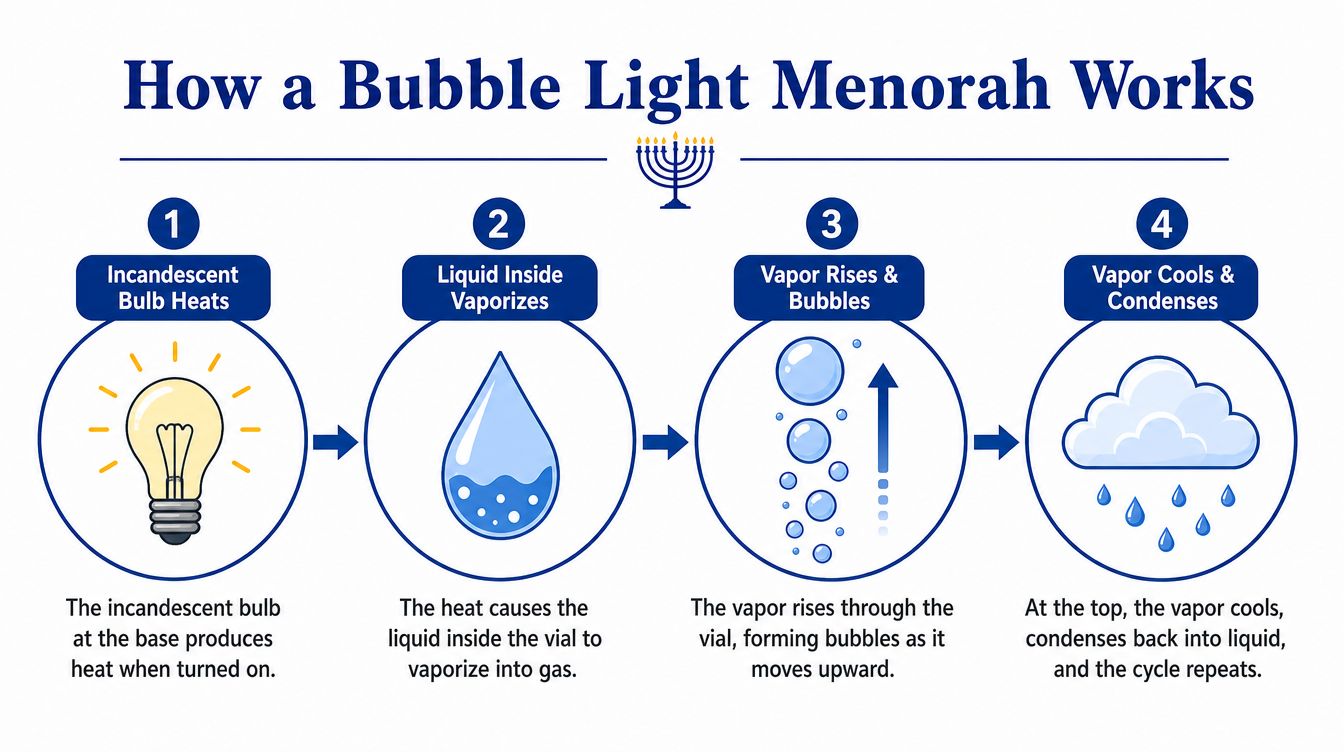 A four-step infographic explaining the physical process of how a bubble light menorah functions through heat.