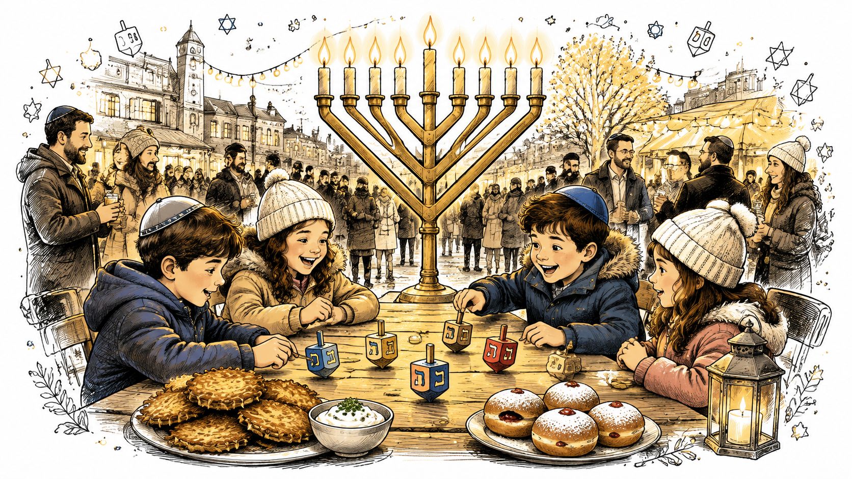 A family celebrating Hanukkah with a lit menorah, children playing with dreidels, and traditional holiday food.