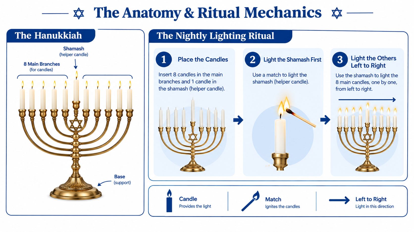 A diagram explaining the anatomy of a Hanukkiah and the step-by-step ritual for lighting the menorah candles.