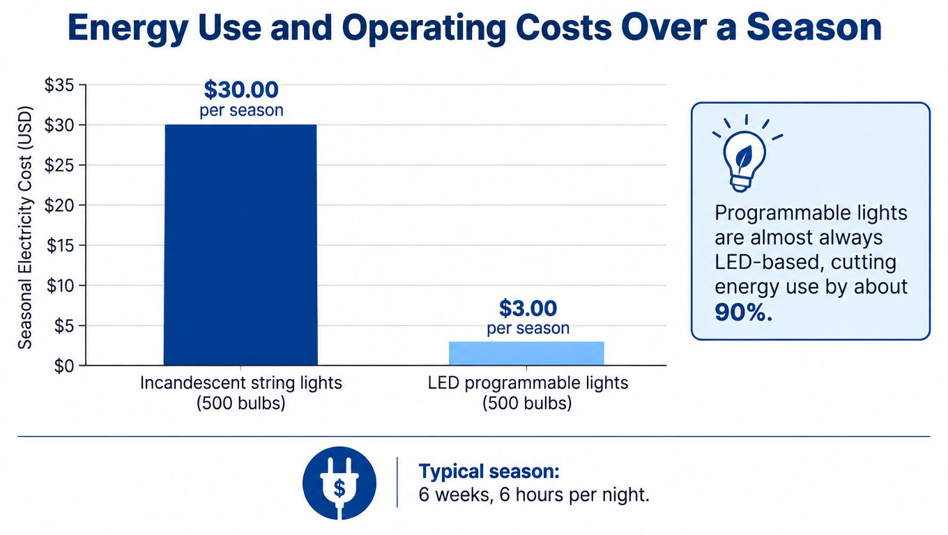 A bar chart comparing seasonal electricity costs of incandescent versus LED programmable holiday light strings.